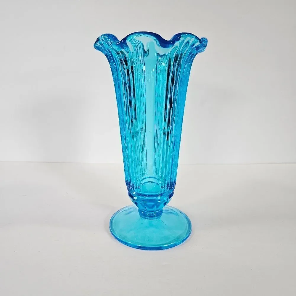 Vintage Aqua Ice Blue Footed Ruffled Ribbed Textured Depression Glass Vase 10